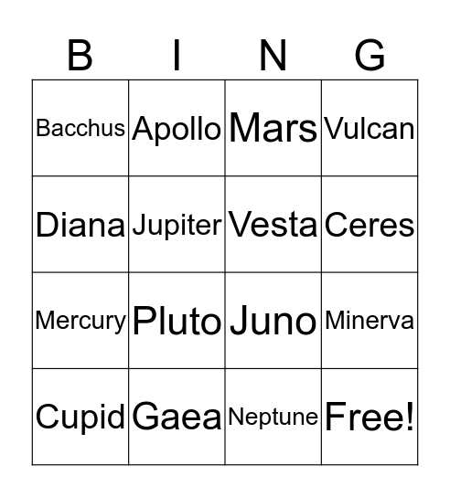 Roman to Greek Bingo Card