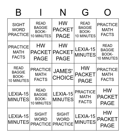 James' Homework Bingo Card