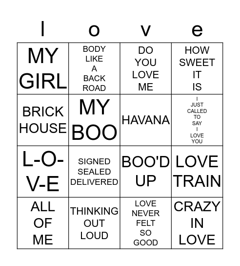4 corners love song bingo Card
