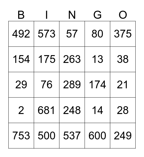Number Sense Bingo Card