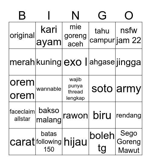 punya saka Bingo Card