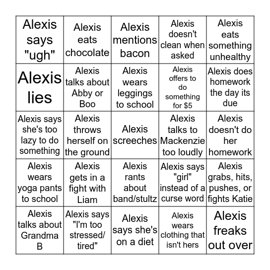 Alexis Bingo Card