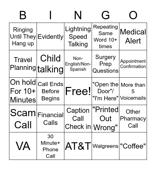 CaptionCall Bingo Card