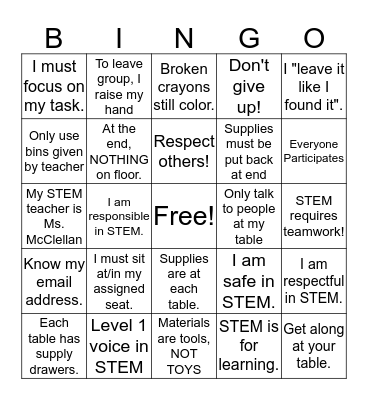 STEM Back to School Bingo Card