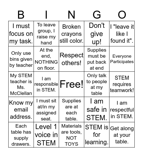 STEM Back to School Bingo Card