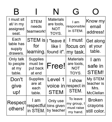 STEM Back to School Bingo Card