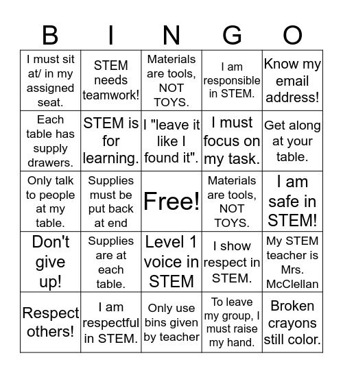 STEM Back to School Bingo Card