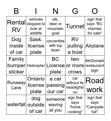 Roadtrip Bingo Card