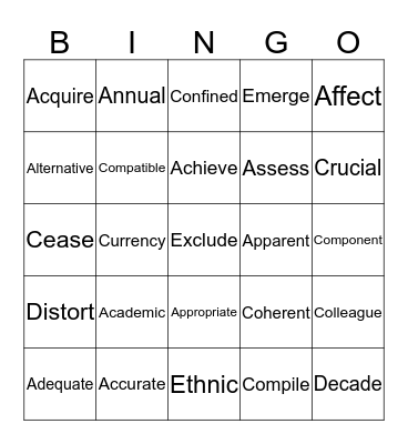 Academic Vocabulary I Bingo Card