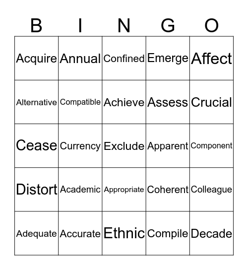 Academic Vocabulary I Bingo Card