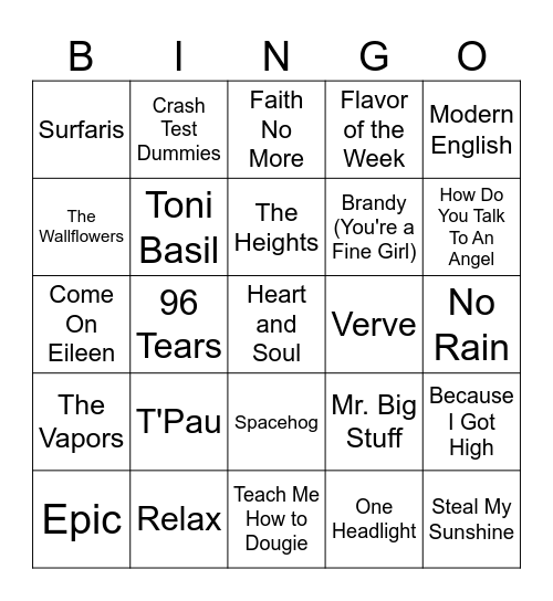 One Hit Wonders!! Bingo Card