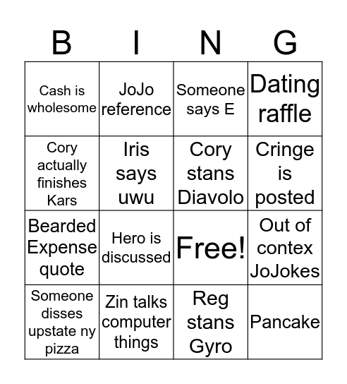 Bingo for Cory's mistake Bingo Card