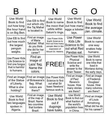 Online Research Library Bingo Card