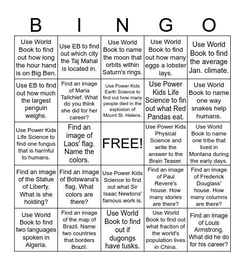 Online Research Library Bingo Card