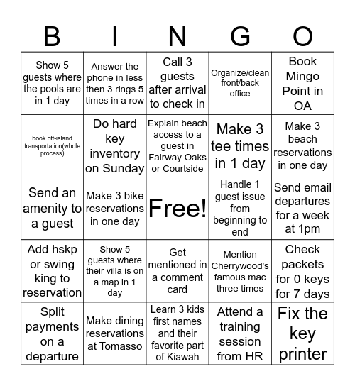 Front Desk Bingo Card