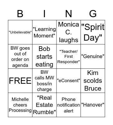 CCM Staff Meeting Bingo Card