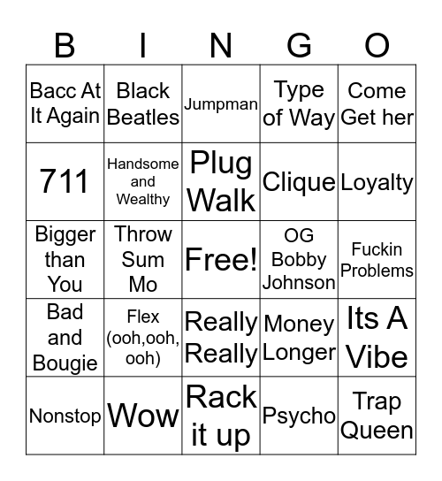 Alicia's Trap Music Bingo Card