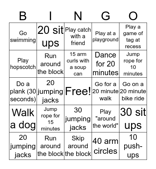 Exercise Bingo Card