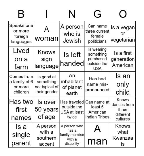Cultural Diversity Bingo Card
