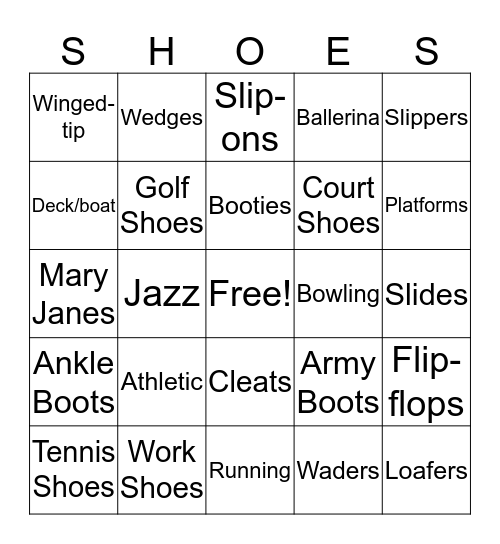 Well Dressed Feet Bingo Card