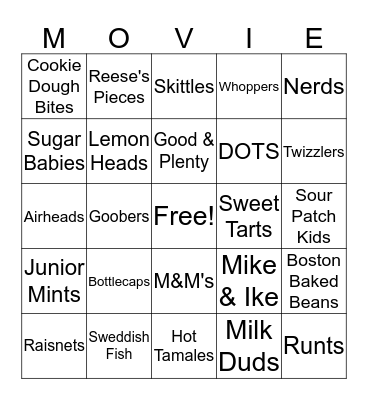 Movie Candy Bingo Card