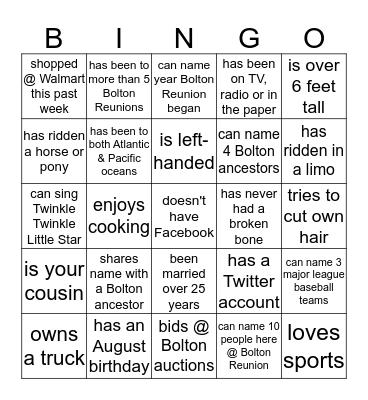 Bolton Reunion 2019 Bingo Card