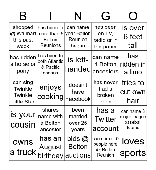 Bolton Reunion 2019 Bingo Card