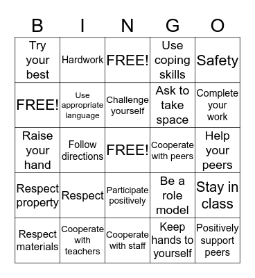 Our Classroom Expectations  Bingo Card