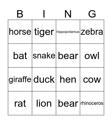 Animal Bingo! Bingo Card