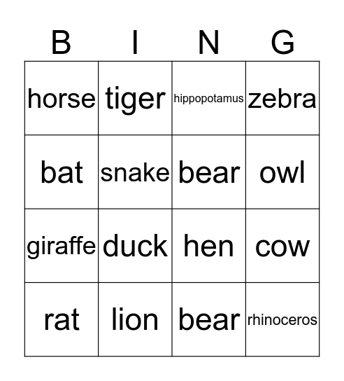 Animal Bingo! Bingo Card