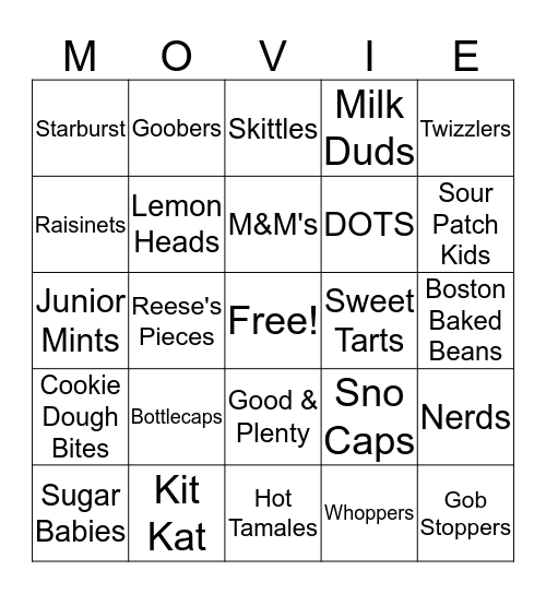 Movie Candy Bingo Card