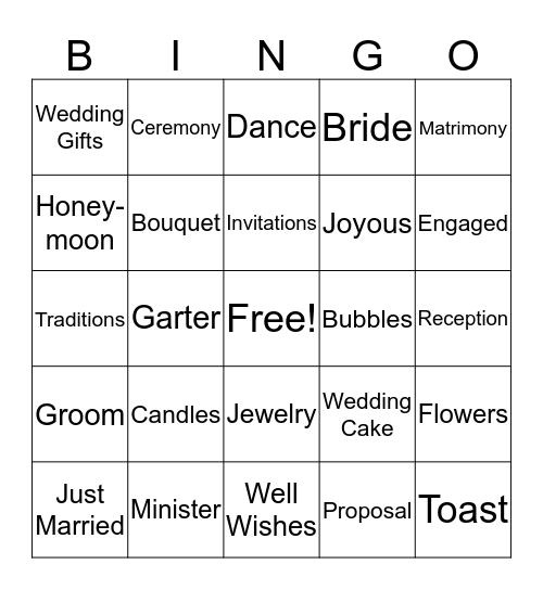 Bridal Bingo Card