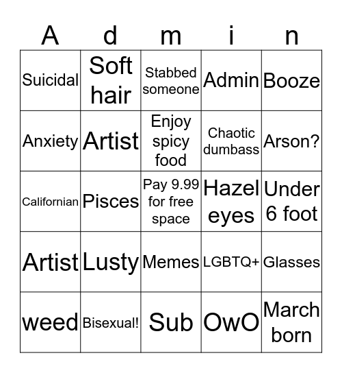 How Similar are you to Admin/zac? Bingo Card