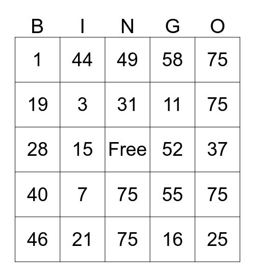 Happy  "O 75" Birthday Bingo Card