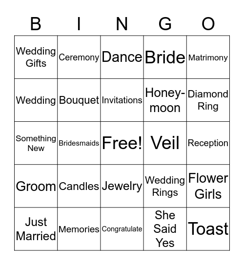 Bridal Bingo Card