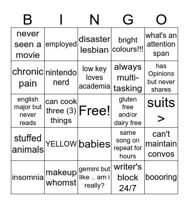 Callie Bingo Card