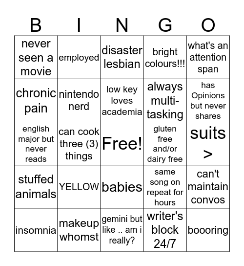 Callie Bingo Card