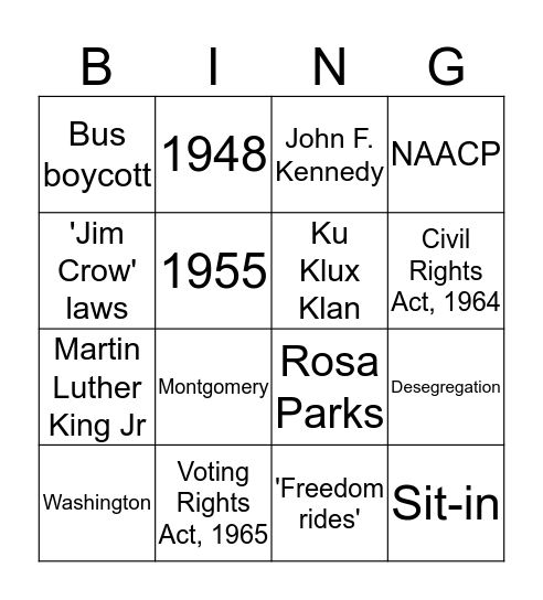 Year 10: US Civil Rights Movement Bingo Card