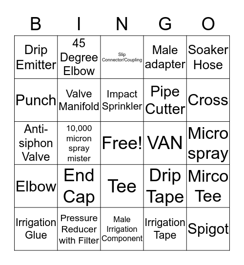 Irrigation Bingo Card