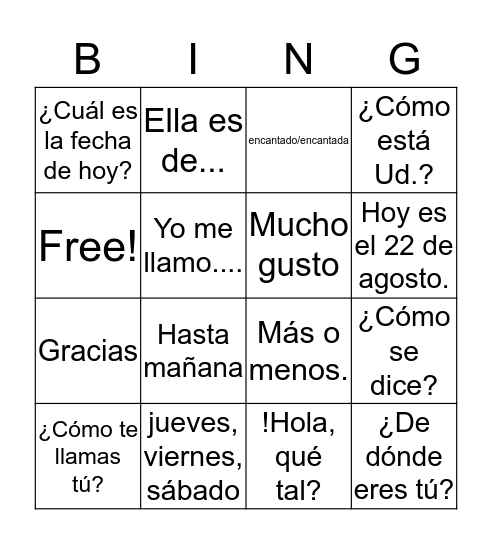 SPANISH GREETINGS Bingo Card