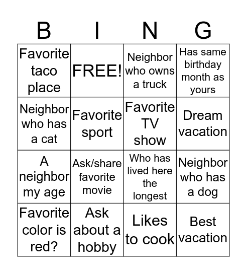 Get to Know Your Neighbor Bingo Card