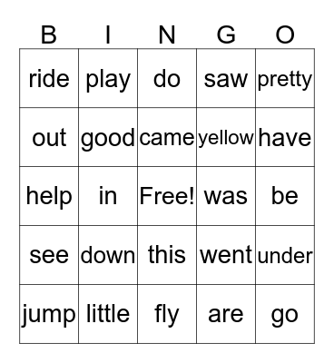 sight words Bingo Card