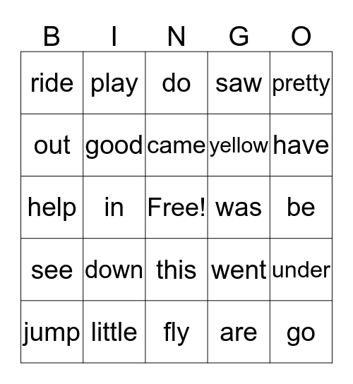 sight words Bingo Card