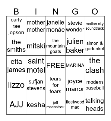 music taste bingo Card