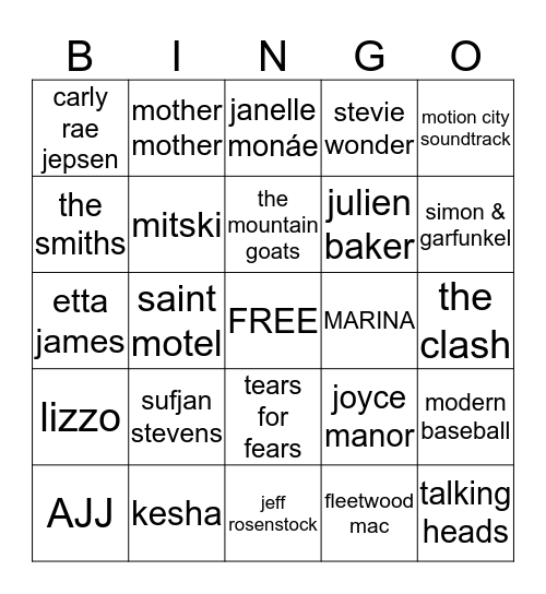 music taste bingo Card