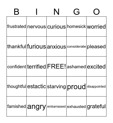 Physical States and Emotions Bingo Card