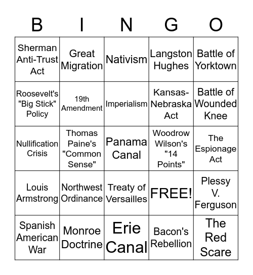 EOCT Review Bingo Card