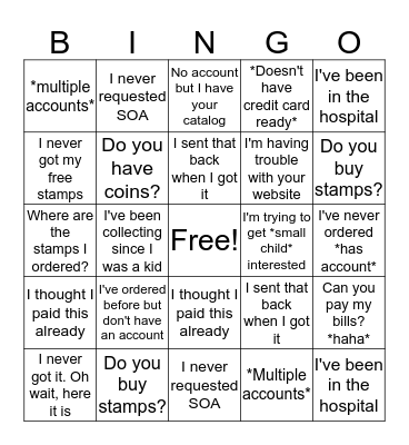 CS phone call bingo Card
