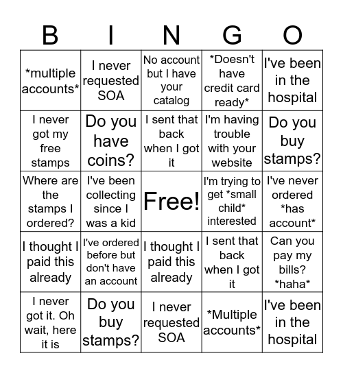 CS phone call bingo Card