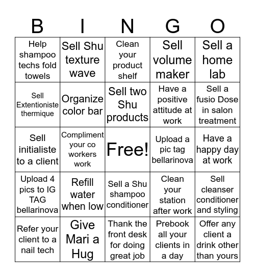 Bella Rinova Bingo Card